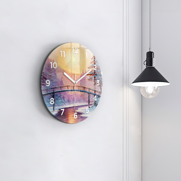 Round glass wall clock Christmas tree and bridge