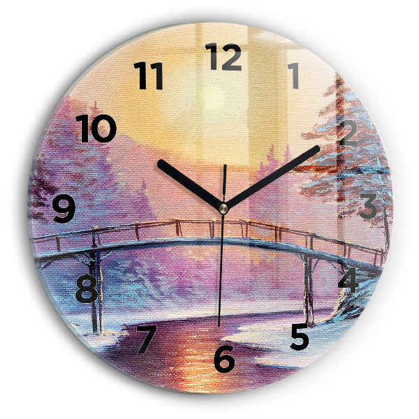 Round glass wall clock Christmas tree and bridge