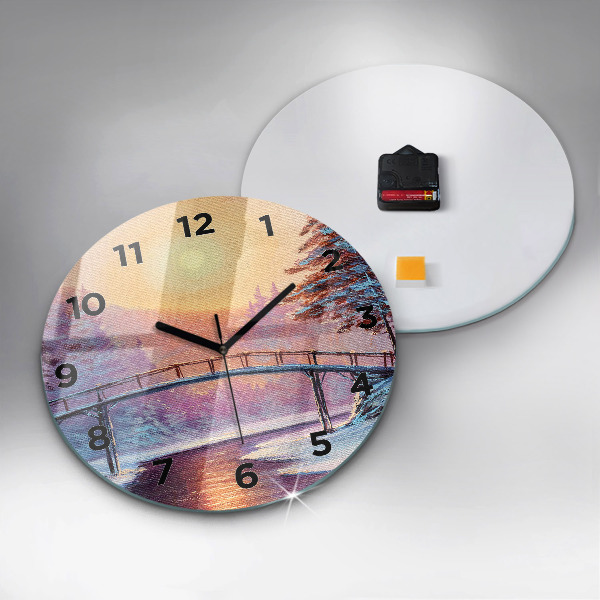 Round glass wall clock Christmas tree and bridge