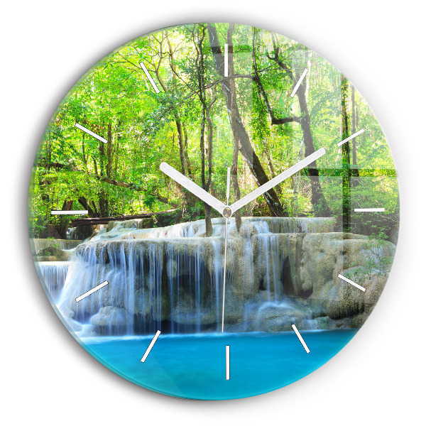 Round glass wall clock Waterfall in the forest