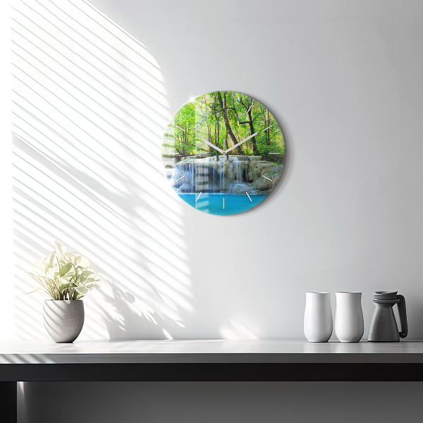 Round glass wall clock Waterfall in the forest