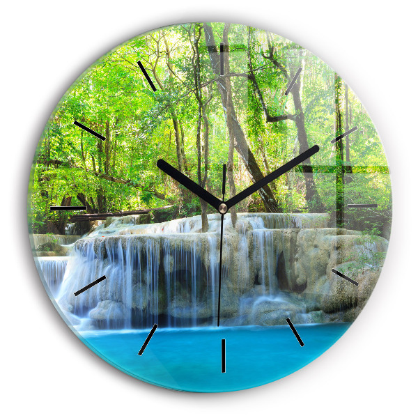 Round glass wall clock Waterfall in the forest