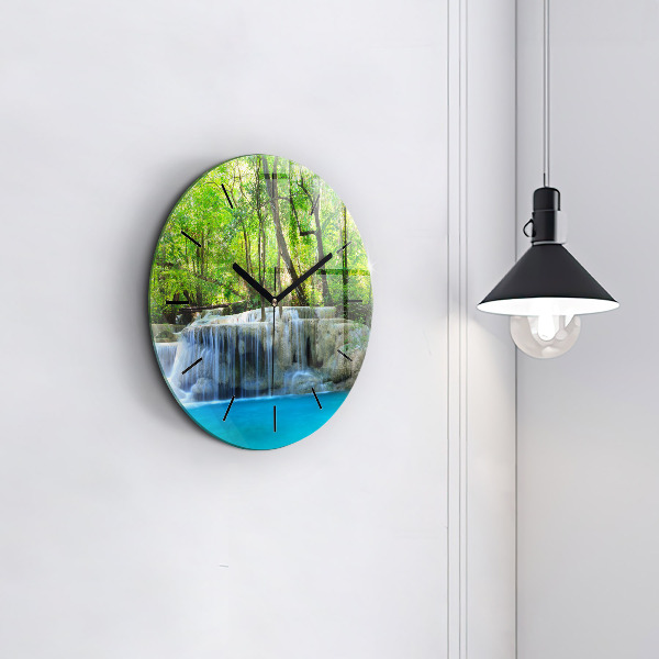 Round glass wall clock Waterfall in the forest