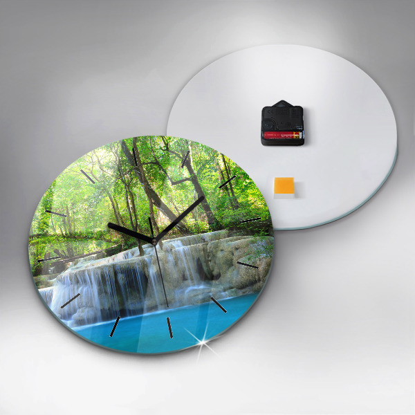 Round glass wall clock Waterfall in the forest