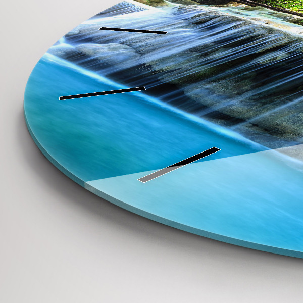 Round glass wall clock Waterfall in the forest