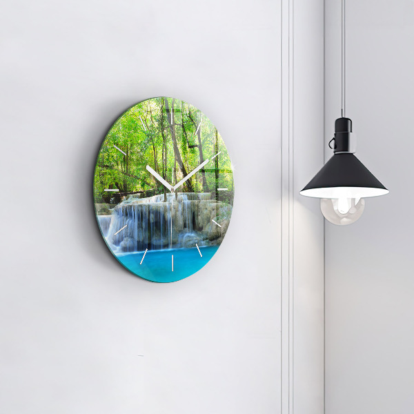 Round glass wall clock Waterfall in the forest