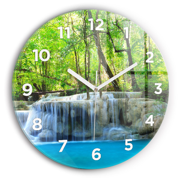 Round glass wall clock Waterfall in the forest