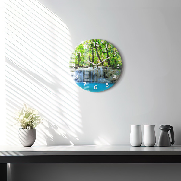 Round glass wall clock Waterfall in the forest