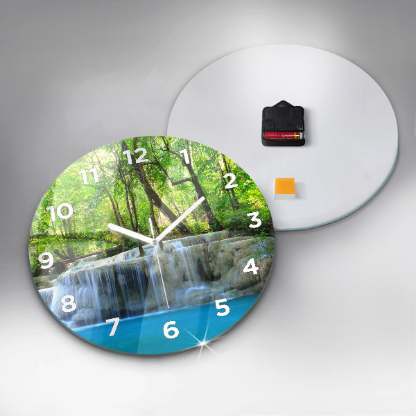 Round glass wall clock Waterfall in the forest