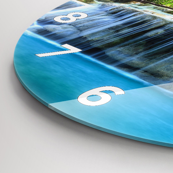 Round glass wall clock Waterfall in the forest