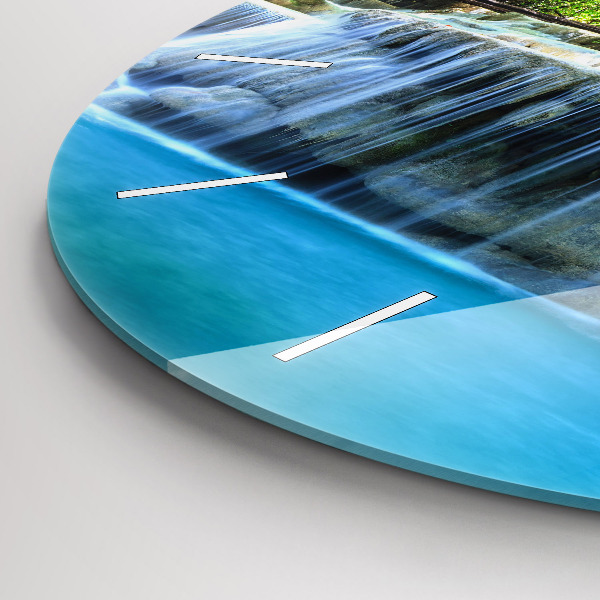 Round glass wall clock Waterfall in the forest