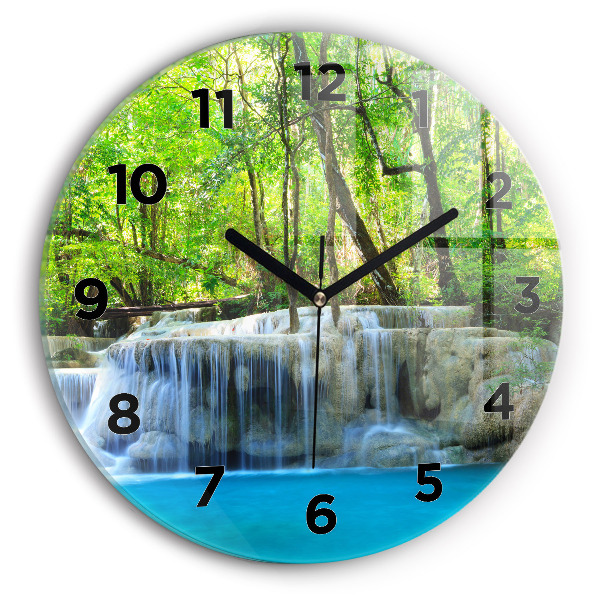 Round glass wall clock Waterfall in the forest