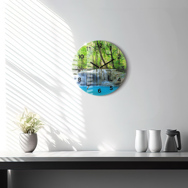 Round glass wall clock Waterfall in the forest