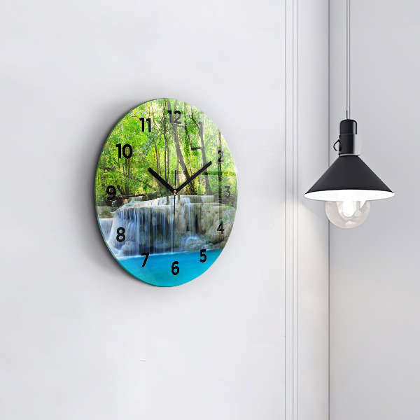 Round glass wall clock Waterfall in the forest