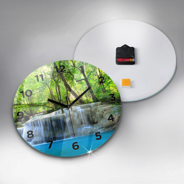 Round glass wall clock Waterfall in the forest