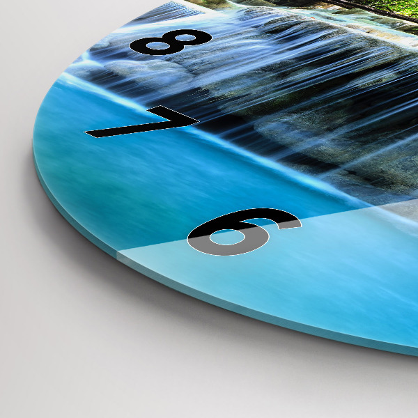 Round glass wall clock Waterfall in the forest