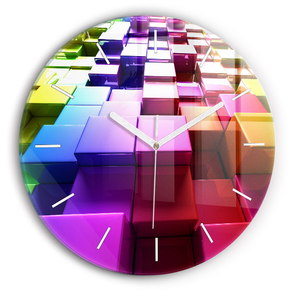 Round glass wall clock Colored cubes