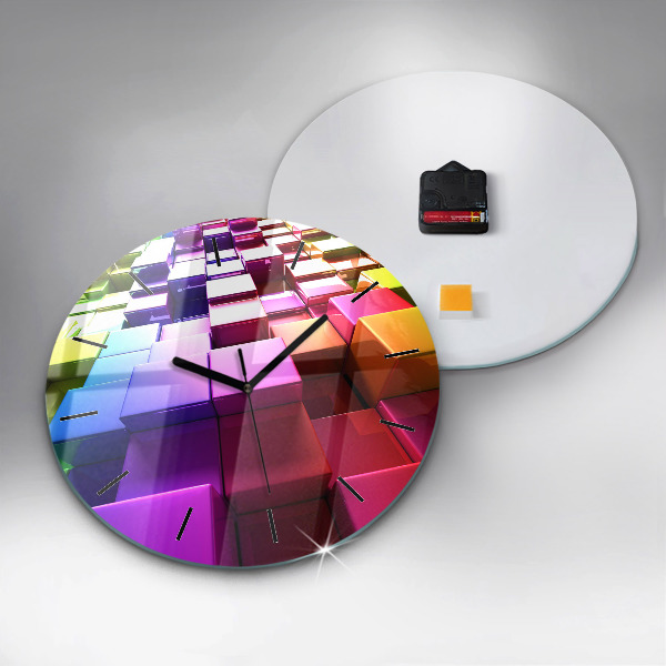 Round glass wall clock Colored cubes