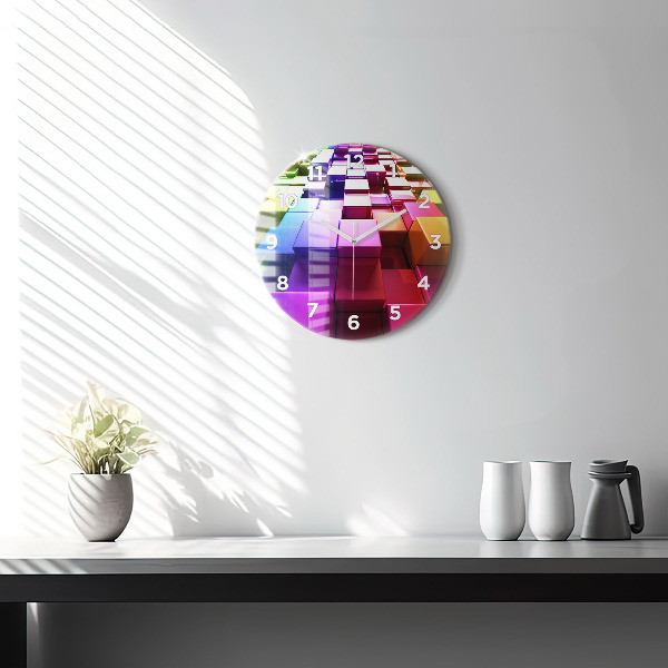 Round glass wall clock Colored cubes