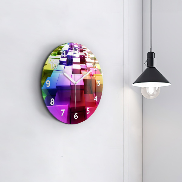 Round glass wall clock Colored cubes