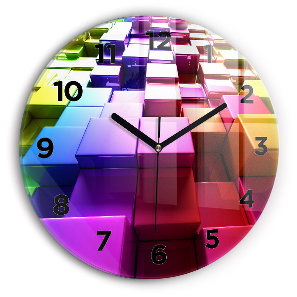 Round glass wall clock Colored cubes