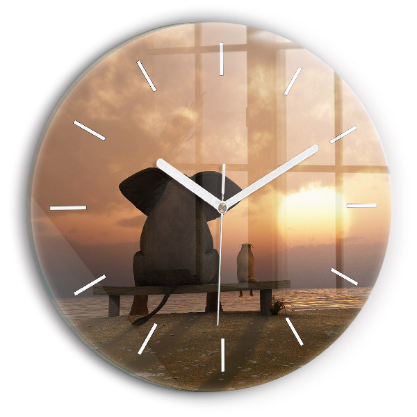 Round glass wall clock Animals and sunset