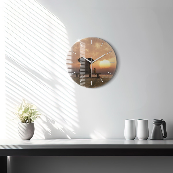 Round glass wall clock Animals and sunset