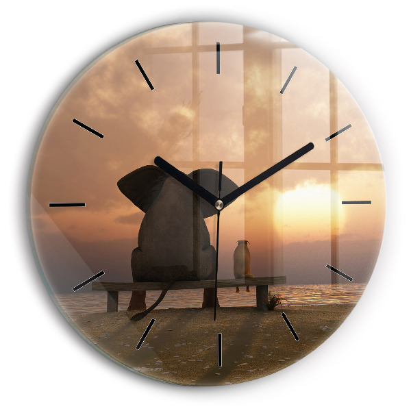 Round glass wall clock Animals and sunset