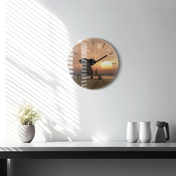 Round glass wall clock Animals and sunset