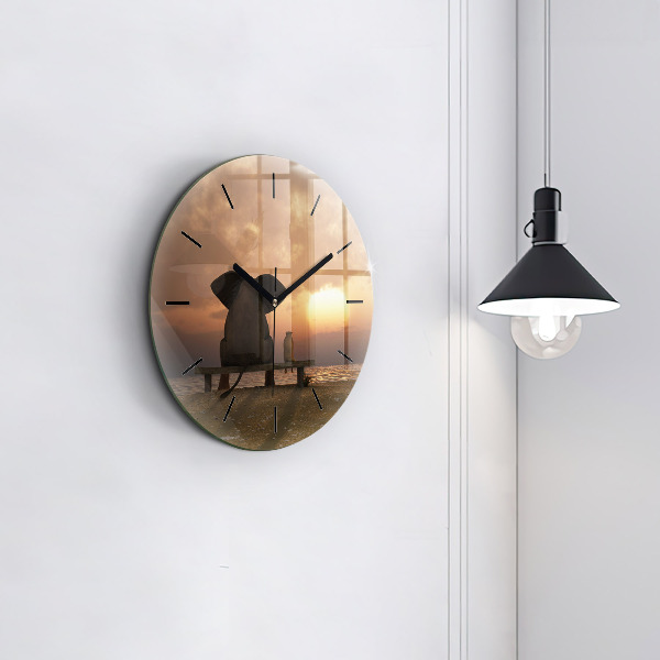 Round glass wall clock Animals and sunset