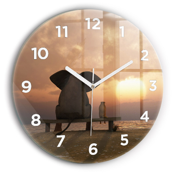 Round glass wall clock Animals and sunset