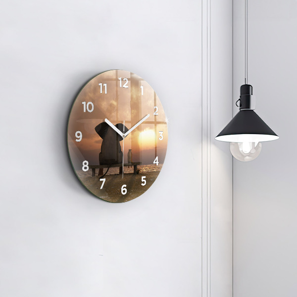 Round glass wall clock Animals and sunset