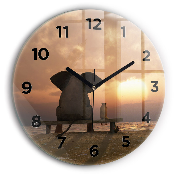 Round glass wall clock Animals and sunset