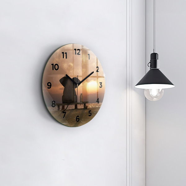Round glass wall clock Animals and sunset