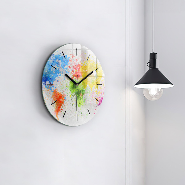 Round glass wall clock World map on paper