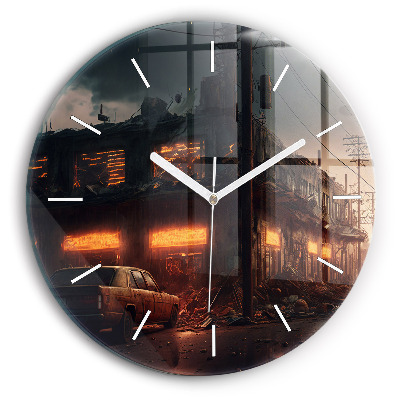 Round glass wall clock Apocalyptic building