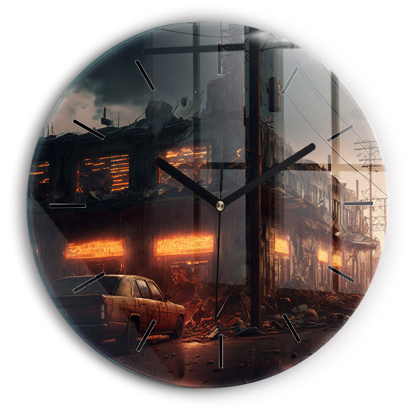 Round glass wall clock Apocalyptic building