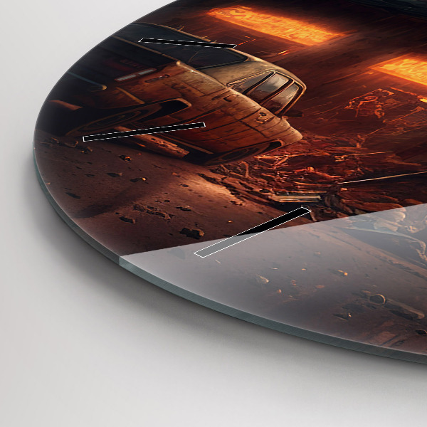 Round glass wall clock Apocalyptic building