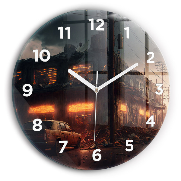 Round glass wall clock Apocalyptic building
