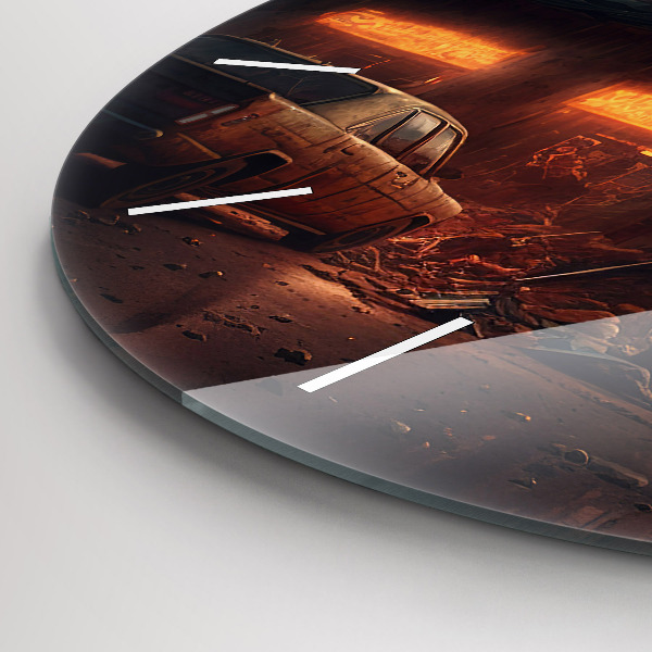 Round glass wall clock Apocalyptic building