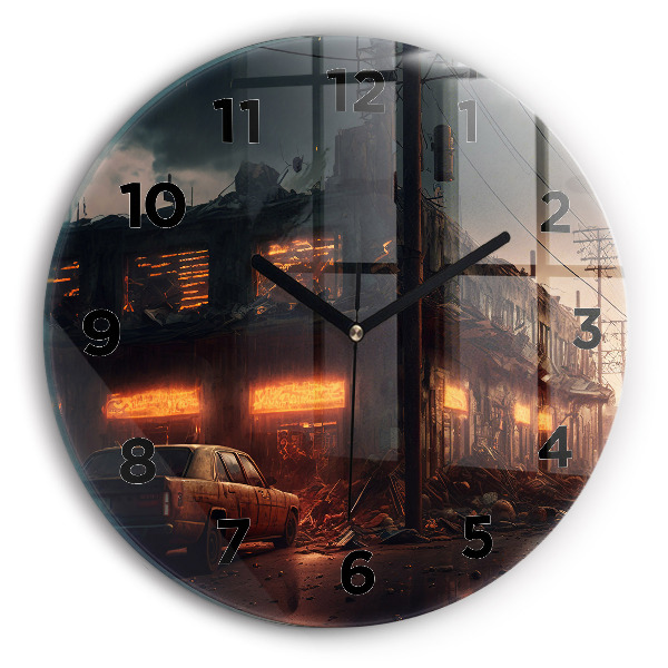 Round glass wall clock Apocalyptic building