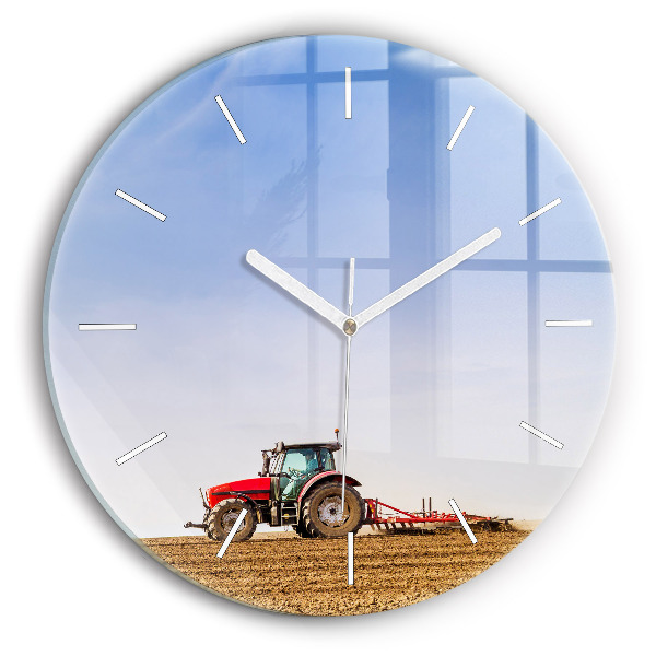 Round glass wall clock Farmer on a tractor