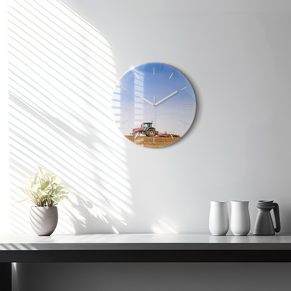 Round glass wall clock Farmer on a tractor