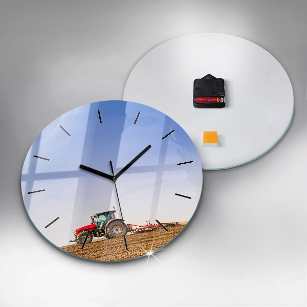 Round glass wall clock Farmer on a tractor