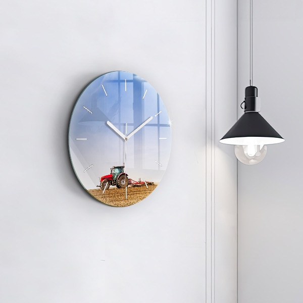 Round glass wall clock Farmer on a tractor