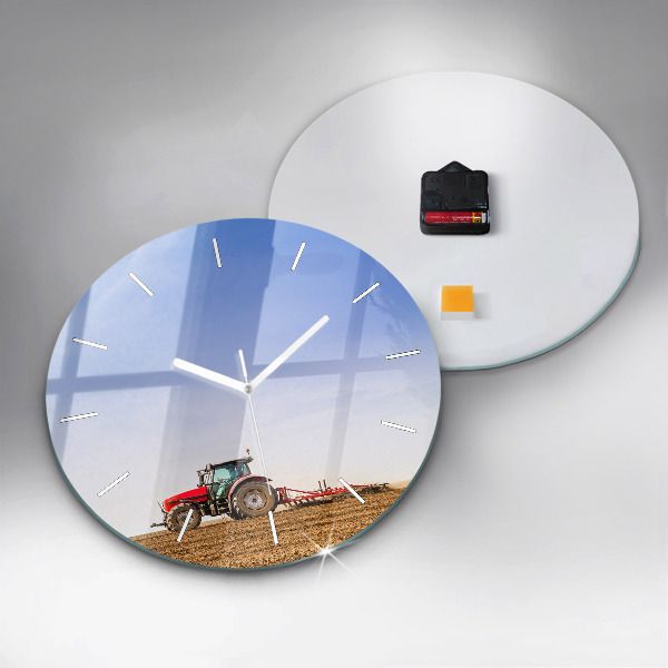 Round glass wall clock Farmer on a tractor