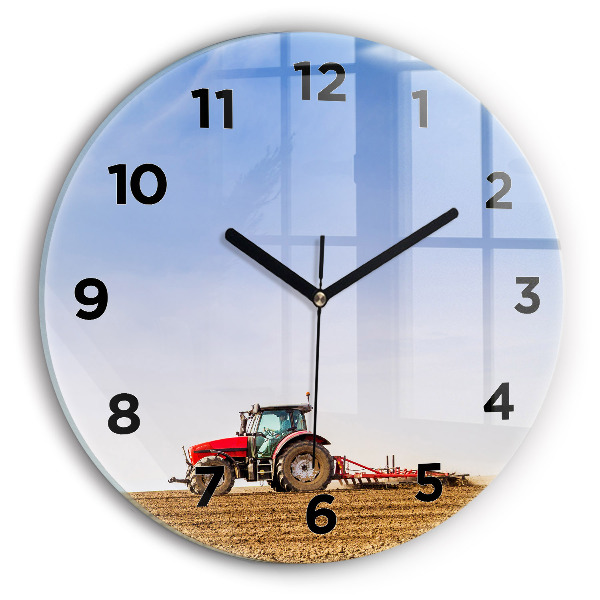Round glass wall clock Farmer on a tractor