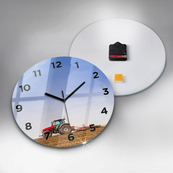 Round glass wall clock Farmer on a tractor