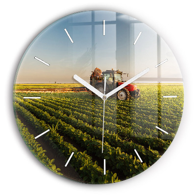 Round glass wall clock Tractor in a farm field