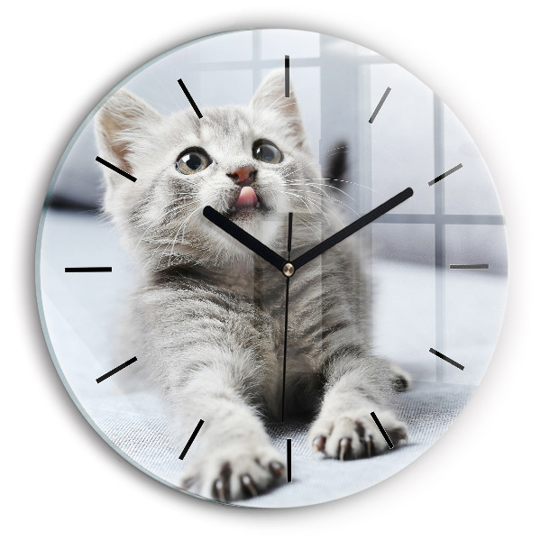 Round glass wall clock Cat on the couch